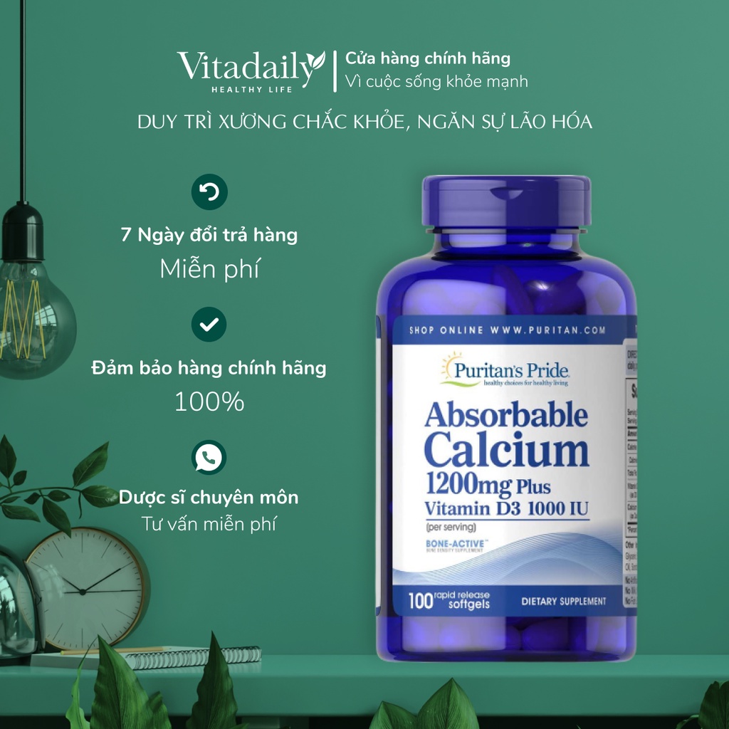 Viên uống canxi ngừa loãng xương Absorbable Calcium Magnesium 1200mg Puritan's Pride