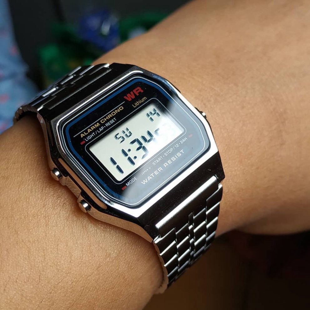 Đồng hồ Casio điện tử nam nữ a158 dây thép không gỉ máy Nhật chống nước