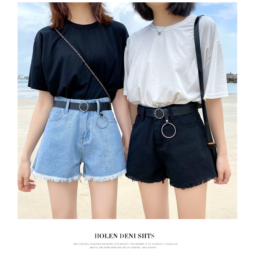 Quần Short Denim Lưng Cao Ống Rộng Màu Trơn Phong Cách Hàn Quốc Cho Nữ