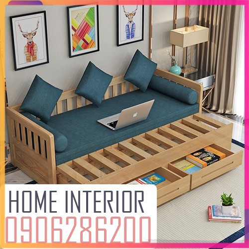 [ ẢNH THẬT ] Sofa giường gỗ thông có ngăn kéo + gối đệm , Sofa kết hợp giường 120cm X 200cm X 70cm