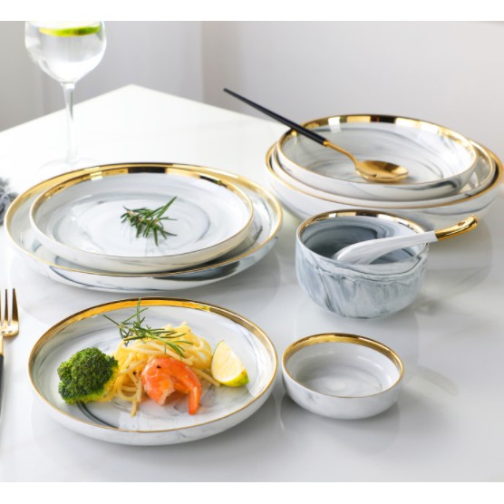 Set chén đĩa vân đá loang trắng phong cách bắc âu sang trọng