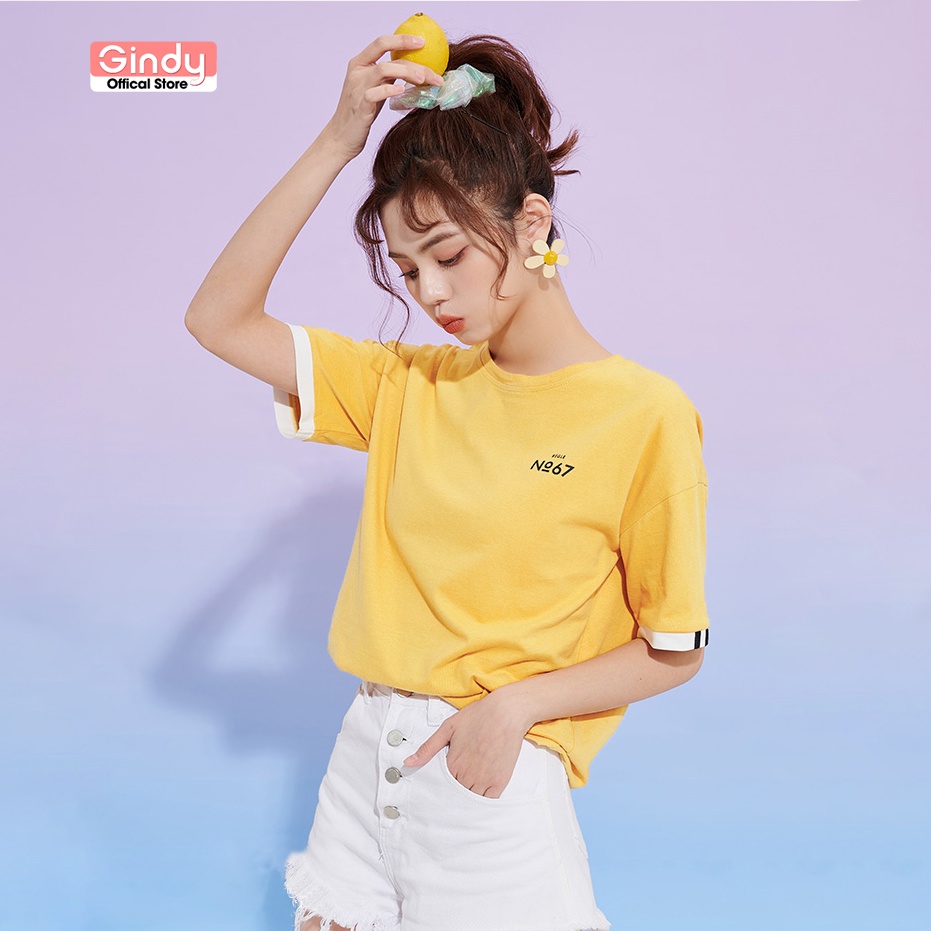 Áo thun nữ form rộng tay lỡ cổ tròn phông dáng basic vải cotton co giãn, thoáng mát thấm hút mồ hôi unisex GINDY A6142