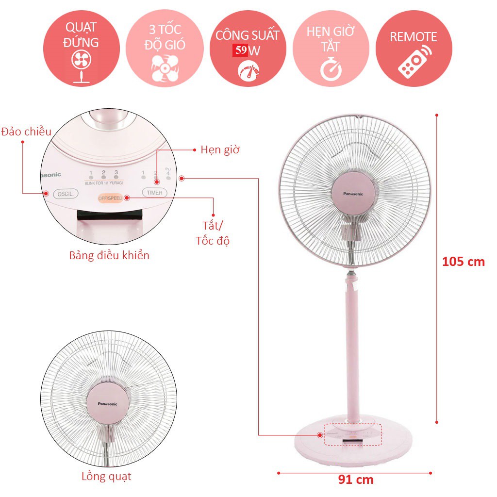 Quạt đứng Panasonic F-308NH 59W Có điều khiển xanh/hồng