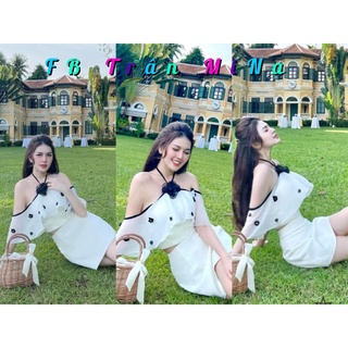 Sét áo trắng đính hoa đen phối chân váy