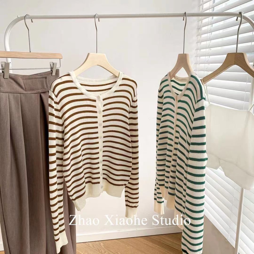 Áo Khoác Cardigan Dệt Kim Dáng Rộng Kẻ Sọc Kiểu Hàn Quốc Thời Trang Mùa Thu Cho Nữ