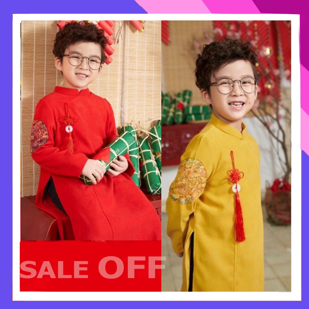 Áo dài bé trai chất liệu nhung chéo hàn cao cấp, áo dài ốp tay áo tết cho bé trai đủ size từ 9-30kg