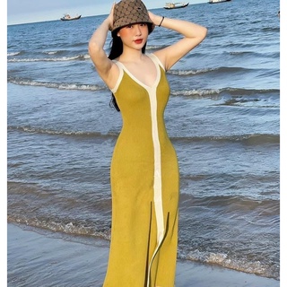 [SẴN] Đầm váy len cổ V hai dây viền dáng dài 120cm xẻ tà Quảng Châu ❤️ Freeship ❤️