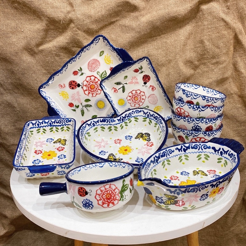 Bộ bát đĩa sứ hình hoa thổ cẩm siêu đẹp- Decor bếp