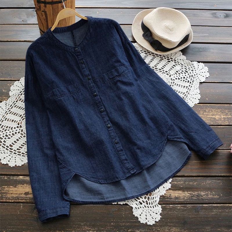 MỚI Áo sơ mi denim dài tay cổ tròn màu trơn