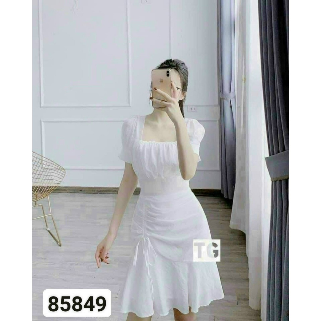 Váy đầm dự tiệc cổ vuông rút dây bên hông tay lỡ xếp ly ngực màu trắng có bigsize Linhnastore