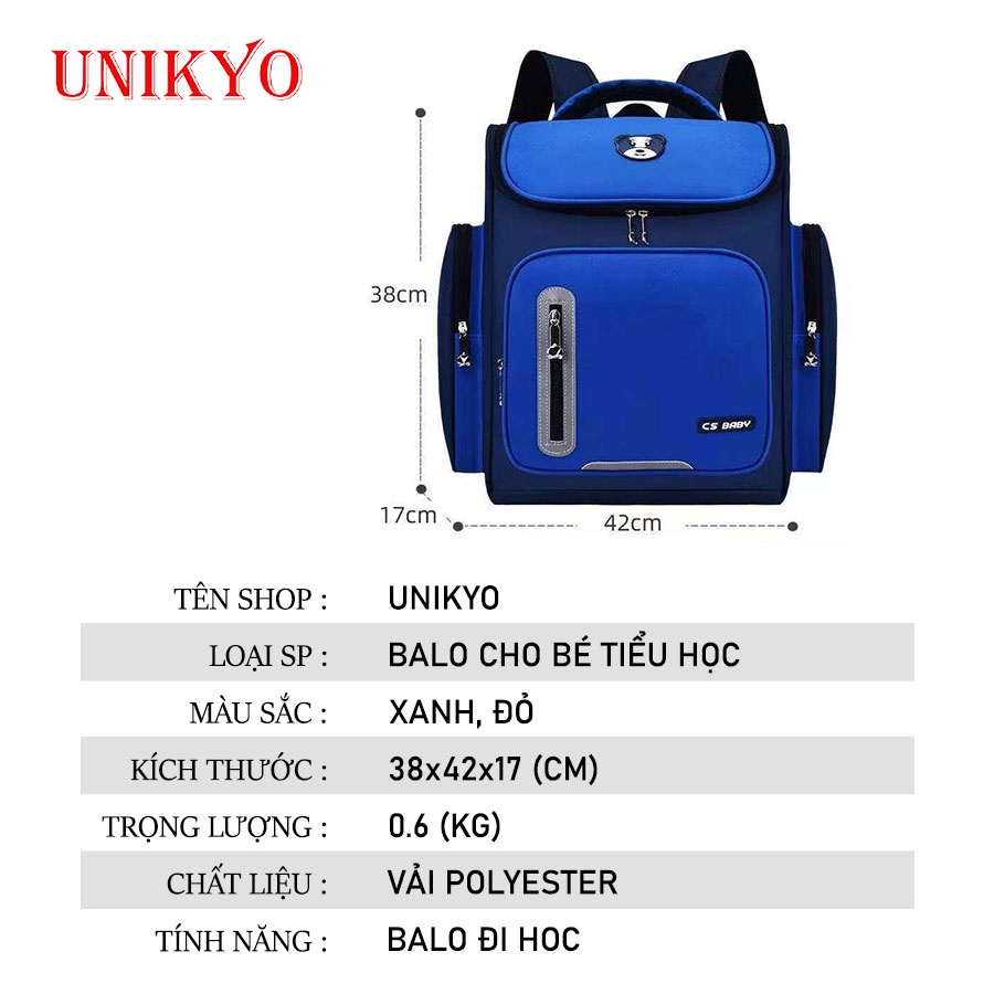 Balo cặp chống nước đi học cho bé trai gái cấp 1 ba lô học sinh tiểu học siêu nhẹ phản quang nam nữ Unikyo UN23