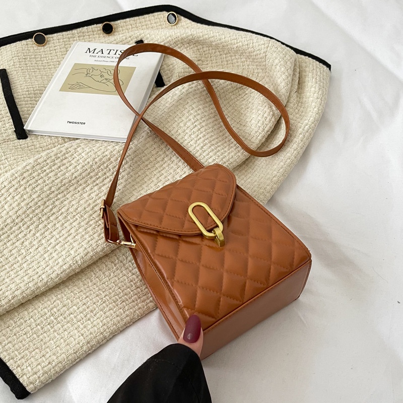 Túi đeo chéo IELGY dáng vuông nhỏ có khóa họa tiết hình thoi đơn giản dành cho nữ