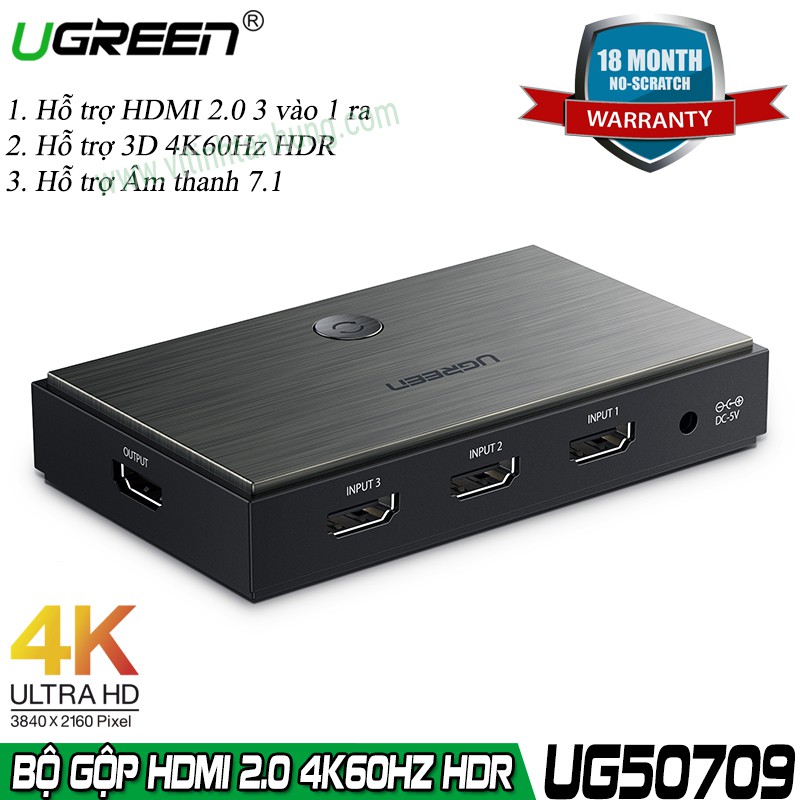 Bộ gộp HDMI 2.0 3*1 Hỗ Trợ 3D 4K60Hz HDR Chính Hãng Ugreen 50709(có Remoste) màu đen