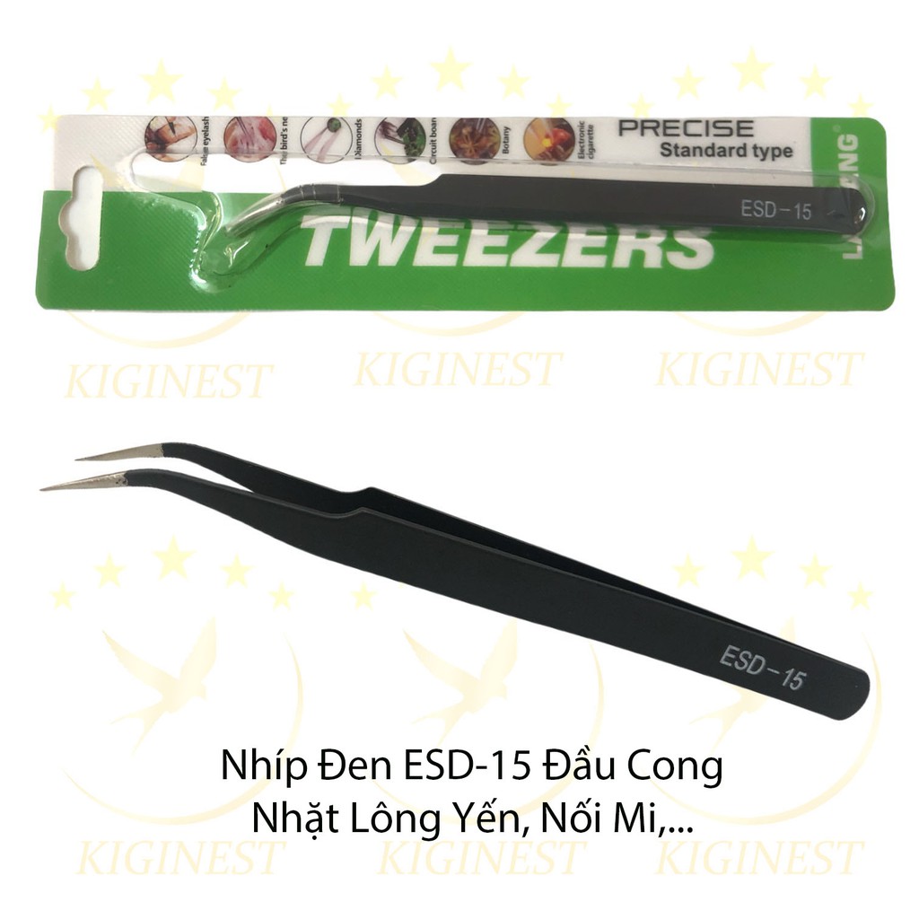 [Nhíp đen tặng khách] Nhíp cong nhặt lông yến, nối mi, gắp linh kiện nhỏ - Nhíp ESD-15 sơn chống tĩnh điện