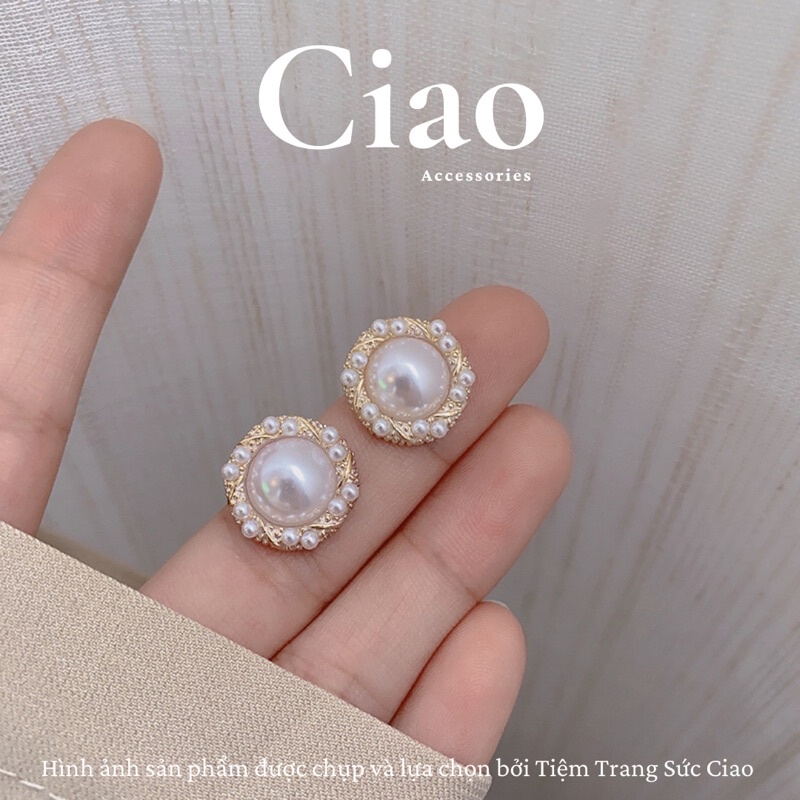[HỎA TỐC 1H] Khuyên tai/ Bông tai mạ bạc S925 thiết kế đính viền hạt ngọc Hilary Ciao