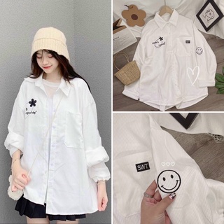 Áo sơ mi trắng nhung tăm hoạ tiết thêu icon