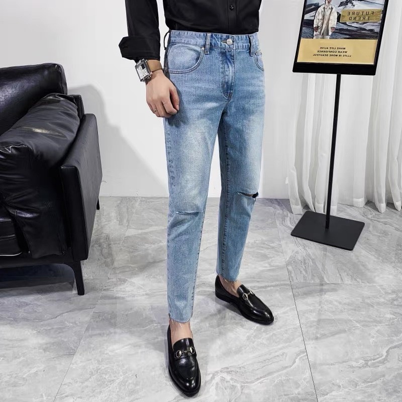 QUẦN JEANS SKINNY CO DÃN XANH TRƠN RÁCH GỐI (hình chụp thật)