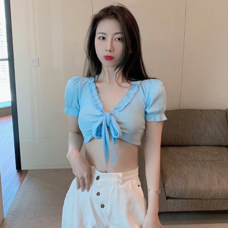 Áo Thun Gân Croptop Viền Bèo Thắt Ngực Dáng Ngắn Ôm Body Sexy Tôn Dáng Cổ V Ngắn Tay TV-FASHION