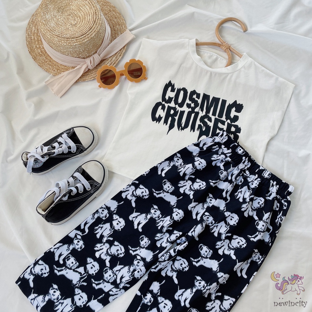 Bộ Áo Sát Nách In Chữ + Quần Thiết Kế Hoạt Hình Phong Cách Hàn Quốc Cho Bé Gái