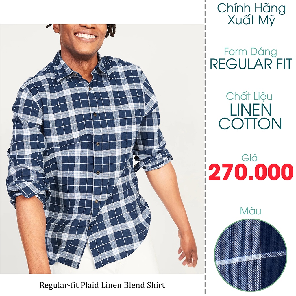 Áo Sơ Mi Nam Tay Dài Linen Cotton Màu Xanh Sọc Caro FO76SHOP Kho Hàng Xuất Dư