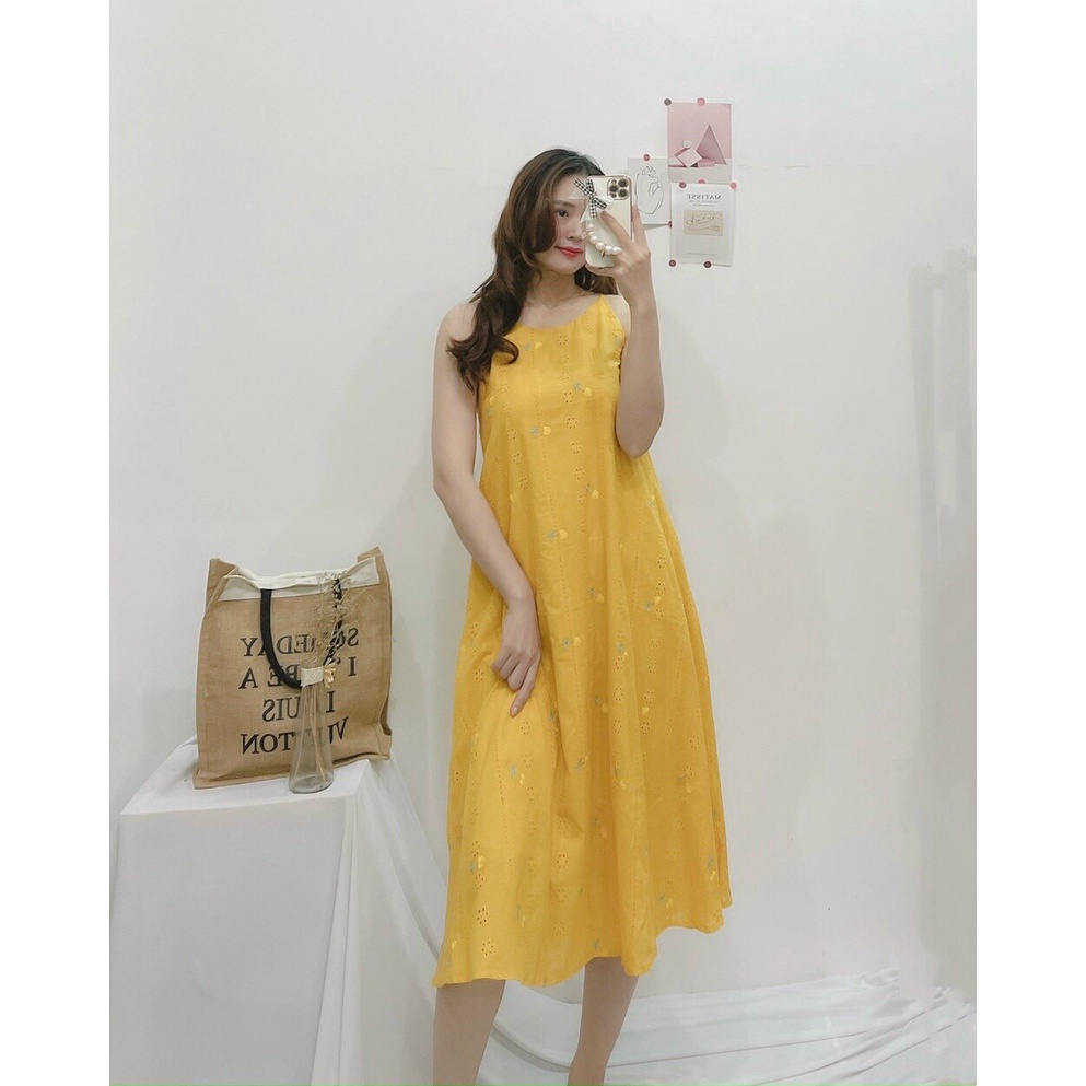 Đầm maxi form rộng, Đầm yếm dáng suông dài qua gối Cao Cấp vàng trắng thêu hoa nhí, sát nách cổ tròn - MiNhi | BigBuy360 - bigbuy360.vn