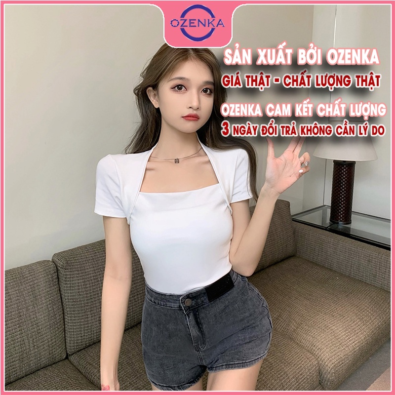 Áo croptop cổ vuông ôm tay ngắn nữ OZENKA , áo thun crt ngắn màu đen trắng đẹp mặc  hè 2022