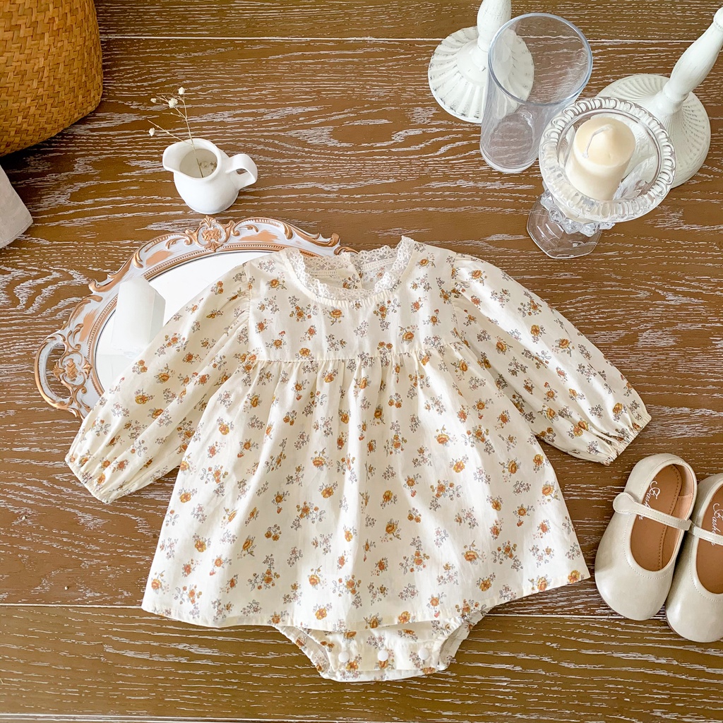 Bộ Áo Liền Quần Tay Dài Bằng Vải Cotton In Hoa Màu Be Thời Trang Mùa Thu Cho Bé Gái 0-2 Tuổi