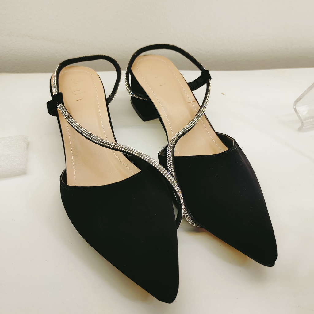 Sục nữ mũi nhọn 5 phân cao gót phối dây kim tuyến Thiên Hương VNXK BP64N9 Guốc nữ 5p 2 màu đen trắng da lộn