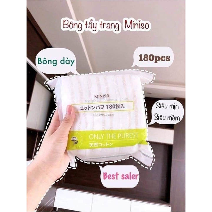 Bông tẩy trang, khăn tẩy trang Miniso Nhật Bản 180 miếng, 100% cotton, thấm hút dai mềm mịn