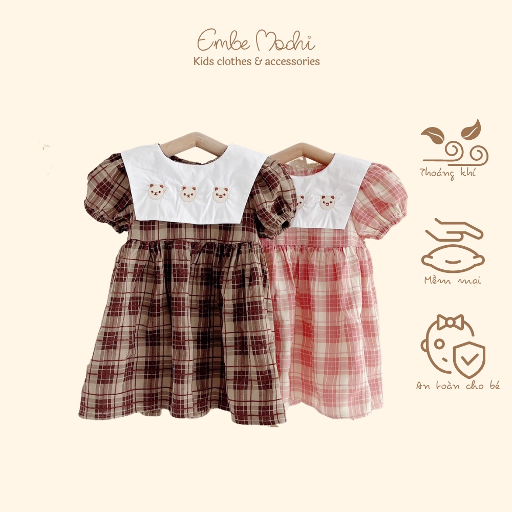 Váy đầm cộc tay kẻ caro thêu gấu tay phồng Hàn Quốc xinh xắn hai màu hồng, nâu cho bé từ 6 tháng đến 5 tuổi