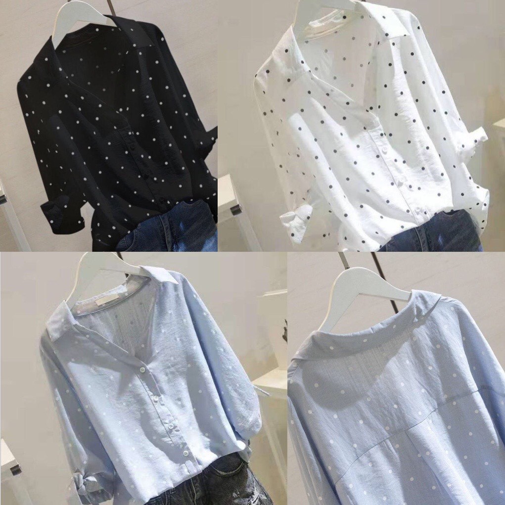 Áo sơ mi nữ chấm bi công sở đẹp form rộng giấu bụng dễ thương size s đến 5xl