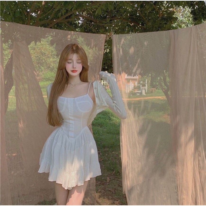 Set đầm 2 dây trắng chân bèo+khoác croptop 🖤 KÈM VIDEO TỰ QUAY 🖤