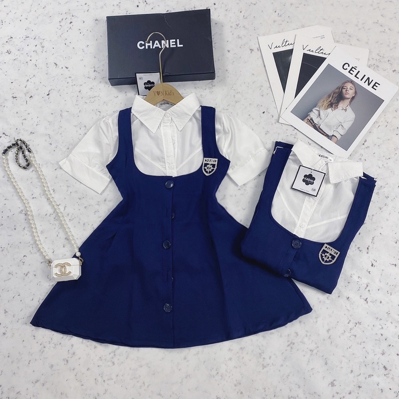Set Yếm xoè Áo Sơmi kèm Tag Đá cao cấp cho bé gái size đại 16-41kg