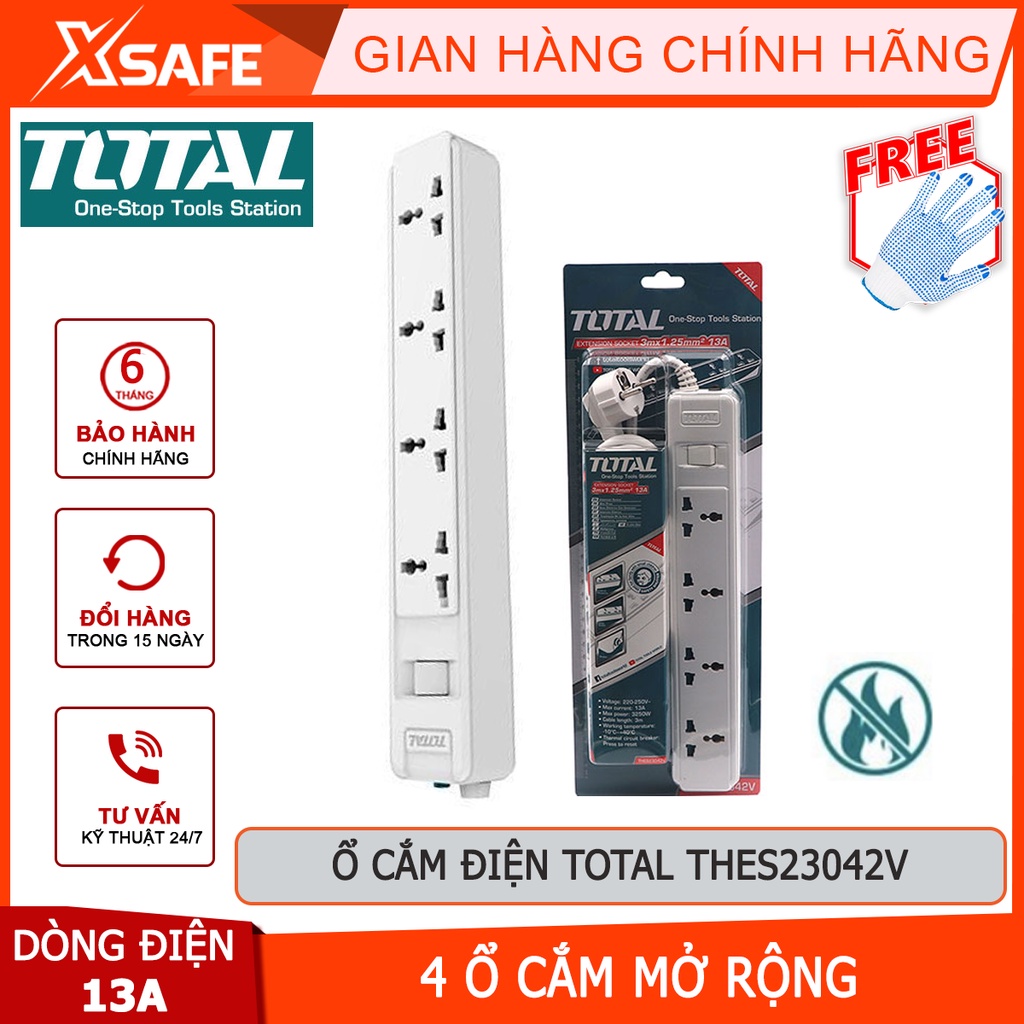 Ổ cắm điện TOTAL THES23042V ổ cắm 3 chấu 4 ổ cắm mở rộng, Dòng điện tối đa 13A, Dây điện 3 mét 3*1.25mm2
