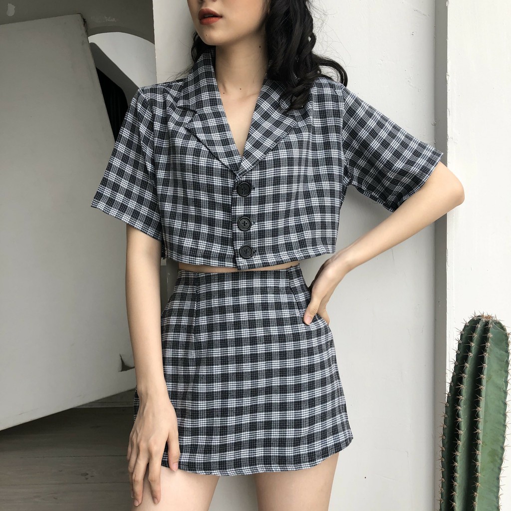 SET CROPTOP KẺ + QUẦN VÁY NỮ 9 MÀU - SET VEST CARO ÁO CÚC CÀI KẺ MIX CHÂN VÁY CHỮ A