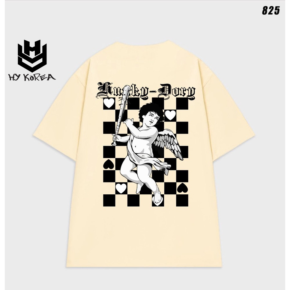 Áo thun nam nữ form rộng nam nữ tay lỡ Thiên thần Lucky Dorg 825 Caro HY KOREA