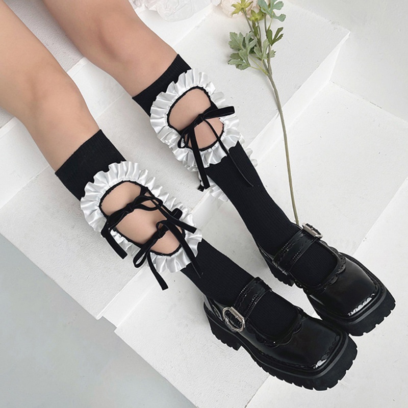 Xiangbao Vớ Dài Tới Bắp Chân Có Gân Khoét Rỗng Phối Nơ Phong Cách Harajuku Lolita Nhật Bản Cho Nữ Sinh