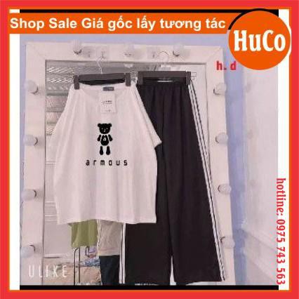 áo thun, phông hè ngắn tay armous chất cotton + quần ba sọc ống rộng,sét đồ bộ nam nữ mặc đi học đi chơi freesize unisex