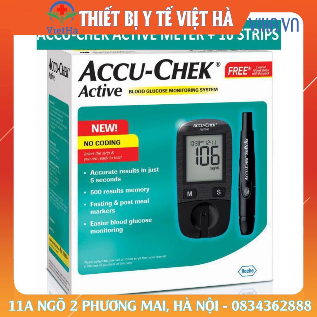 Máy đo đường huyết Accu chek active tặng 10 Bông tẩm cồn và 50 Kim lấy máu-tbytvh