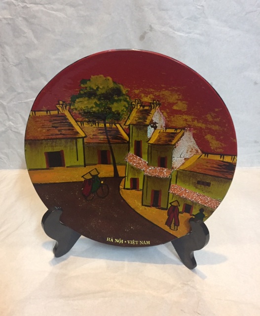 Tranh đĩa sơn mài hình Khuê văn các, Chùa mội cột, Tháp rùa Hồ gươm