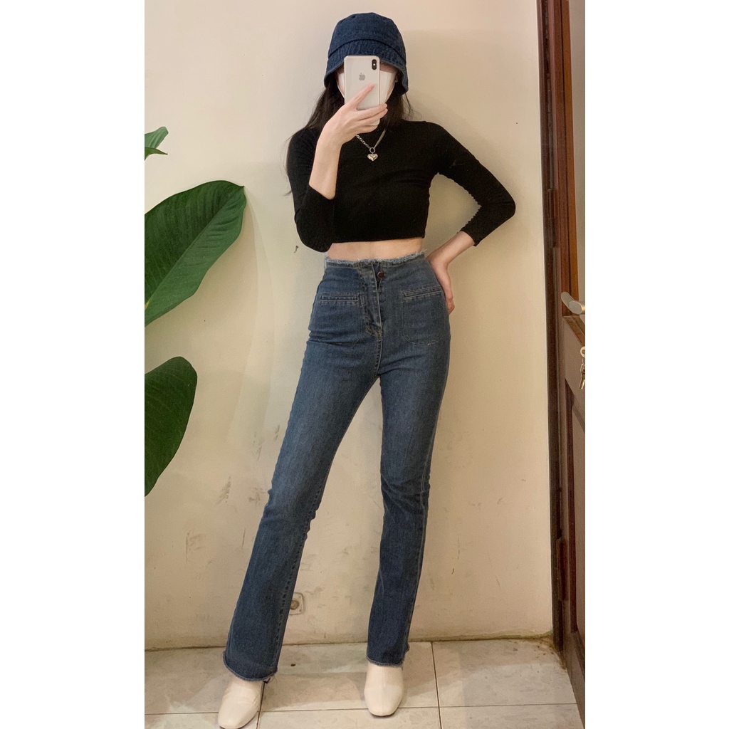 Quần jeans ống loe dáng dài cạp cao phong cách Ulzzang Hàn Quốc co dãn thoải mái, cá tính, sành điệu - V Flared Jeans