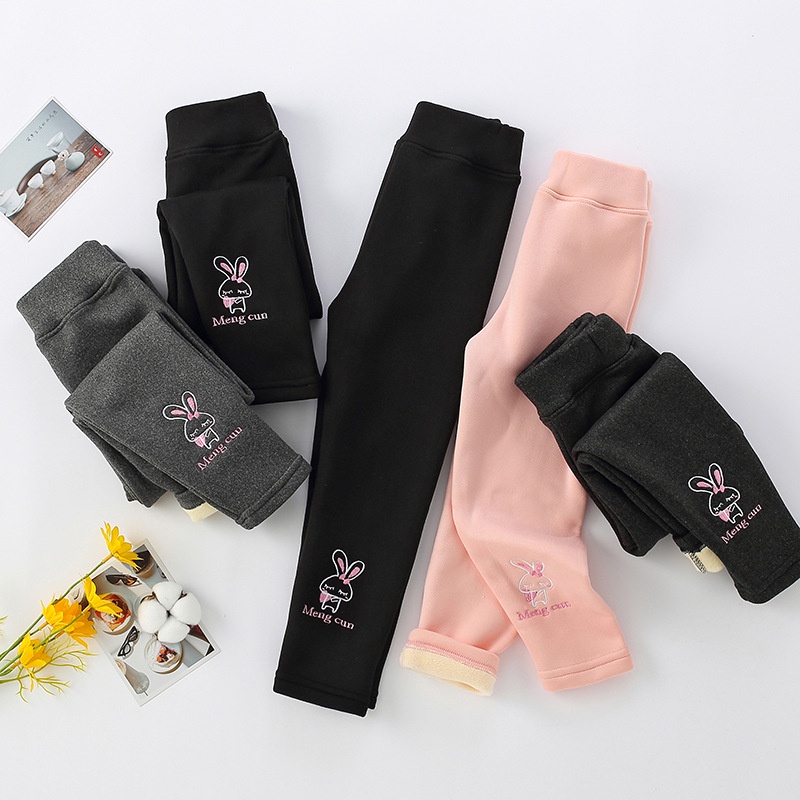 Quần Legging Lưng Cao 90-140cm Lót Lông Cừu Dày Dặn Thêu Họa Tiết Chú Thỏ Phong Cách Hàn Quốc Thời Trang Thu Đông Cho Bé Gái