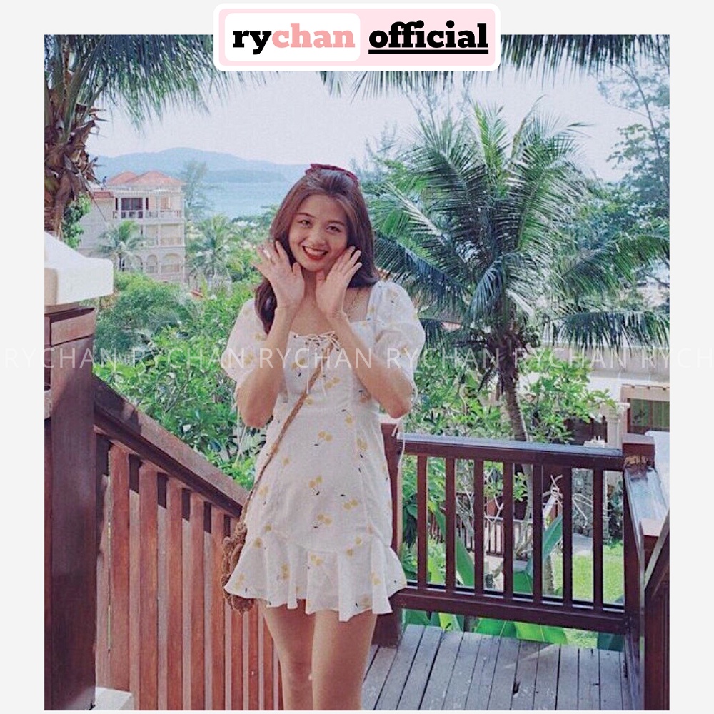 DX886 - Đầm Xòe Đi Biển Cherry Đan Ngực Đầm Cherry Trắng Đuôi Cá Đầm Xòe Tay Phồng Đuôi Cá