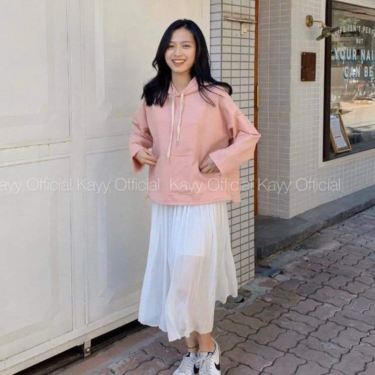 SET ÁO HOODIE HỒNG MIX CHÂN VÁY DẬP LI TRẮNG