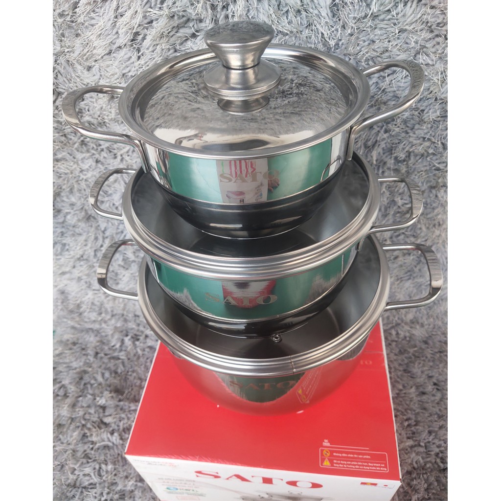 Bộ nồi inox 3 đáy SATO ST-BI31. Chất liệu inox 430 Bền Tốt . Bảo hành 12 tháng.