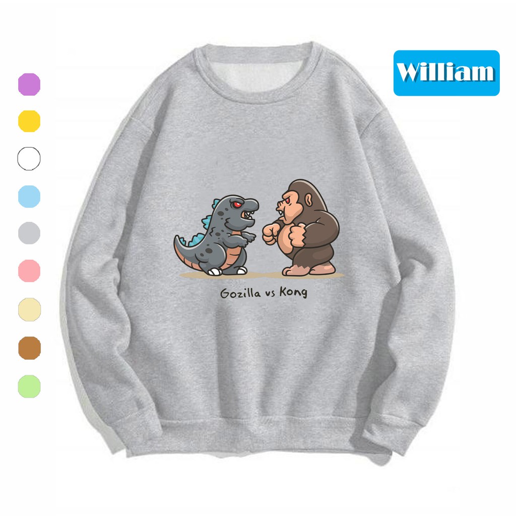 Áo sweater nam nữ in hình Gozilla và Kong dễ thương, chất nỉ dày dặn, hợp làm áo cặp William - DS153