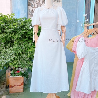 Nami Dress - Đầm midi trắng cổ yếm tay phồng dáng xoè siêu xinh