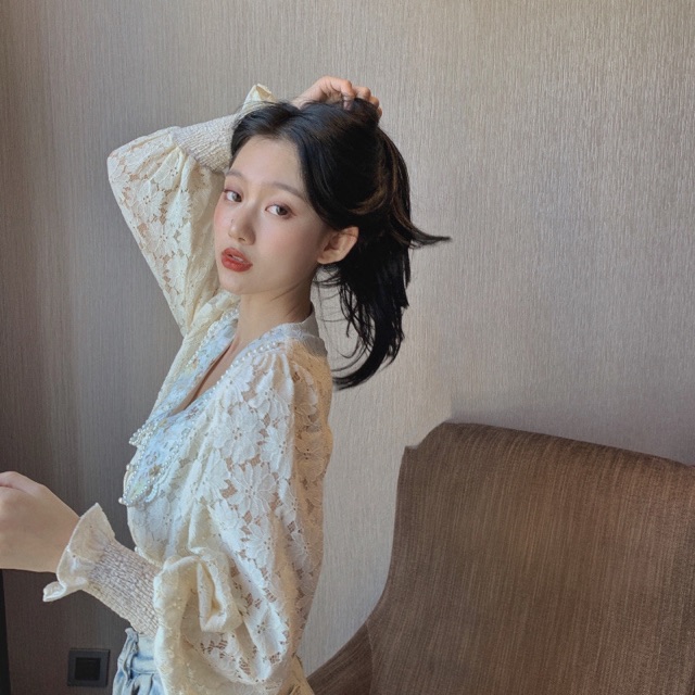 [Order taobao Áo sơ mi ren dài tay thêu hoạ tiết xinh xắn kiểu Hàn Quốc