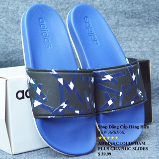 Dép Adidas Cloudfoam Plus Graphic màu xanh dương quai đen logo xanh dương trắng