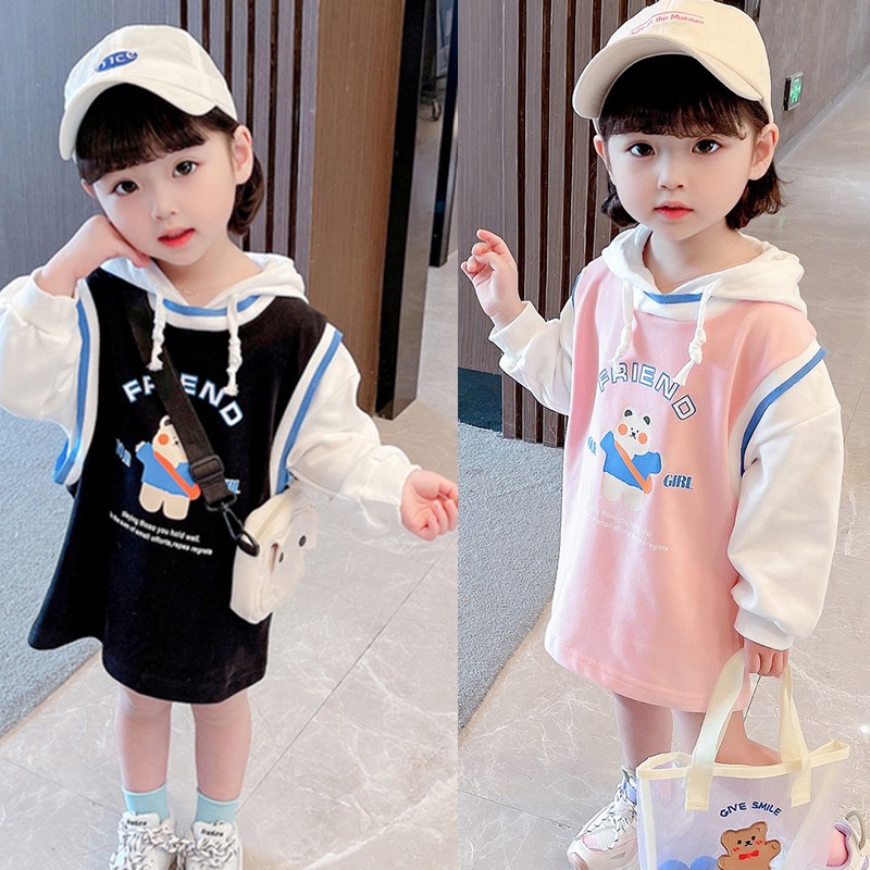 Áo thun có mũ trùm đầu giả hai lớp thời trang cho bé gái